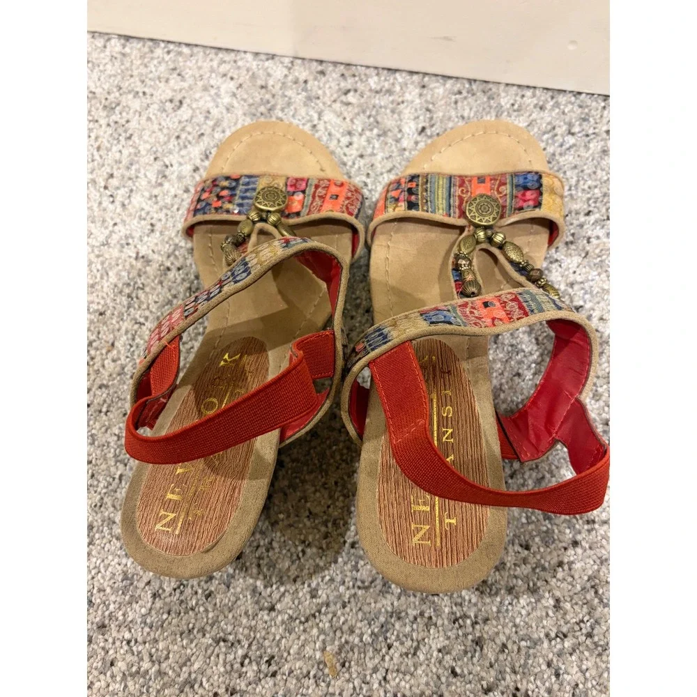 New York Transit Womens Boho Patchwork Wedge Sandals Multi Color Sequin 7.5M